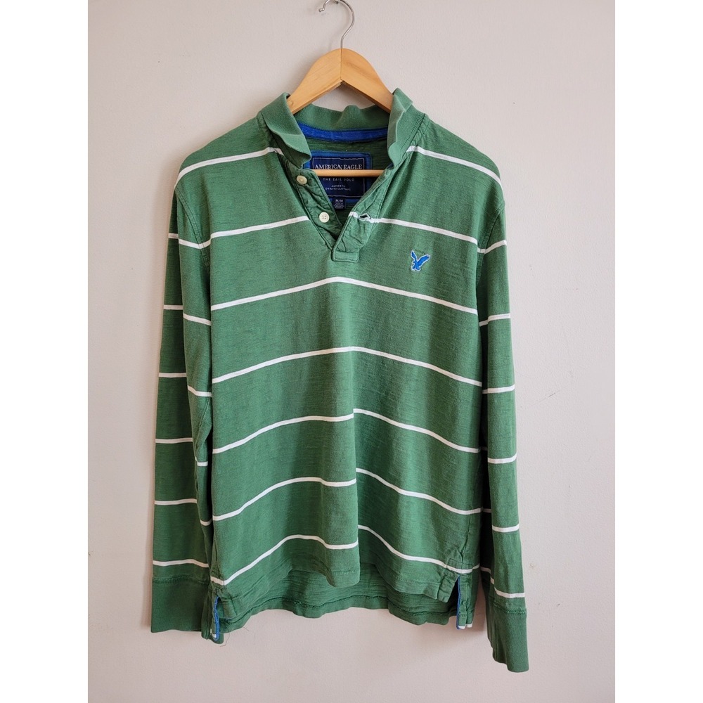 American Eagle Outfitters Green Rugby Polo Shirt Mens M Striped The Eagle Preppy